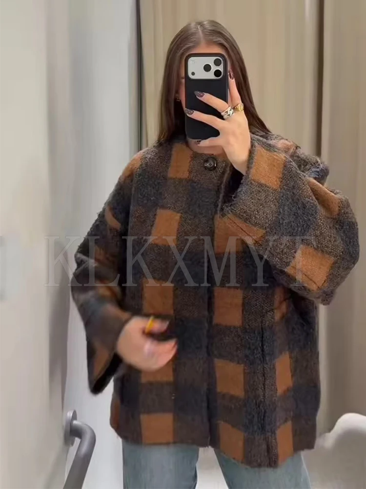 Chic Fashion Check Knitted Jackets for Women 2025 Autumn Winter Long Sleeve Coats High Street Casual Loose New Jacket Overcoat