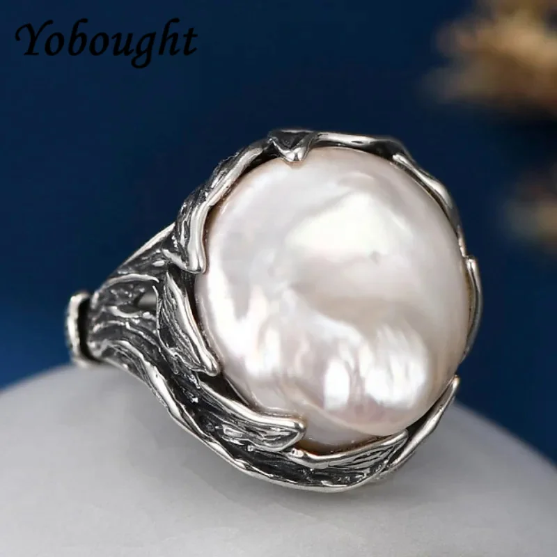 

Genuine Real s925 sterling silver rings for Women New Fashion Baroque freshwater pearl vintage ethnic style jewelry wholesale