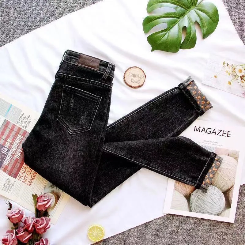 2023 New Summer Black Grey Jeans Women Slim-fit Pants Tight Elastic Pencil Trousers Slim High Waist Flanging Bottoms