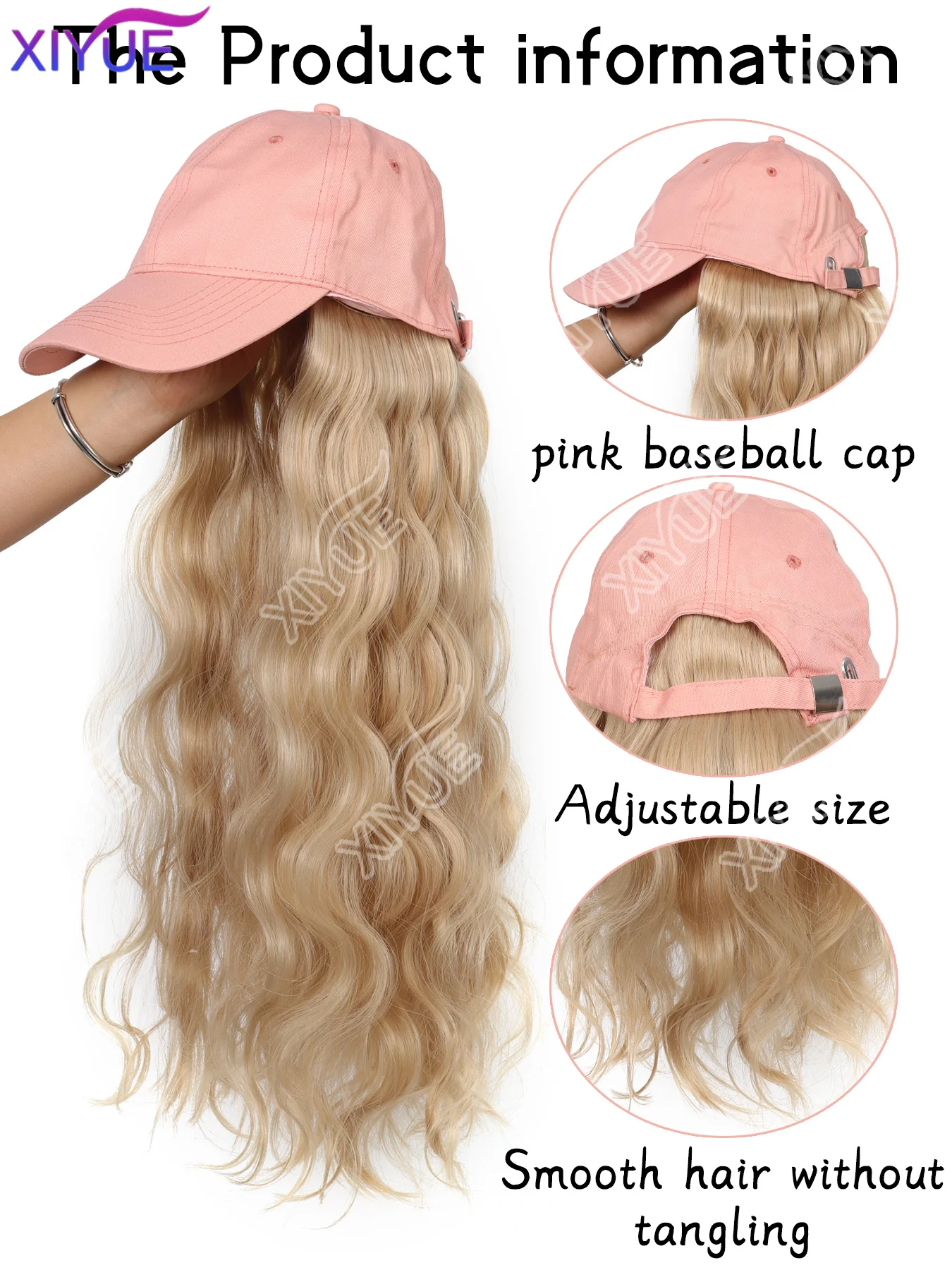 XIYUE pink Hat wigs Cap with Hair Hat Wig Blonde Straight Hair Extensions Synthetic Hair Women Daily Party High Temperature