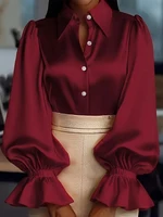 Elegant Satin Blouse with Ruffled Cuff Sleeves and Button-Down Collar - Chic Office & Casual Wear Top