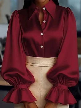 Elegant Satin Blouse with Ruffled Cuff Sleeves and Button-Down Collar - Chic Office & Casual Wear Top