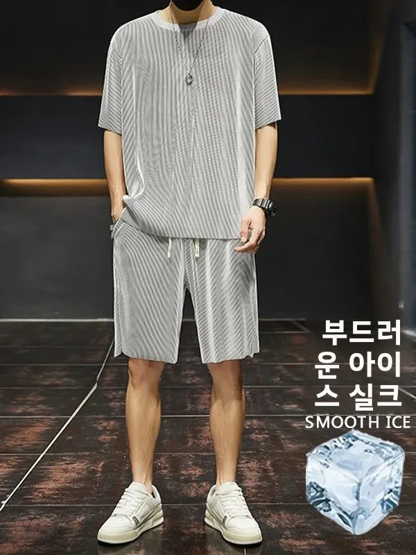아이스 실크 스포츠웨어 세트 남성 여름 얇은 반바지 반팔 고급감 퀵 드라이 캐주얼 드레이핑 스포츠웨어