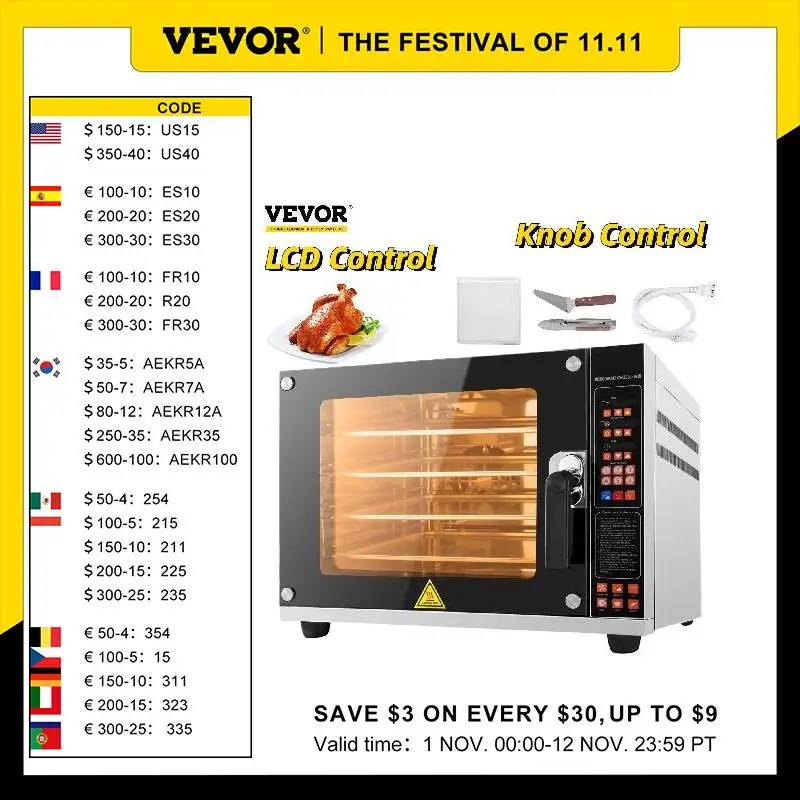 Vevor Convection Oven 4500w With Spray Commercial 60l 4tier Electric