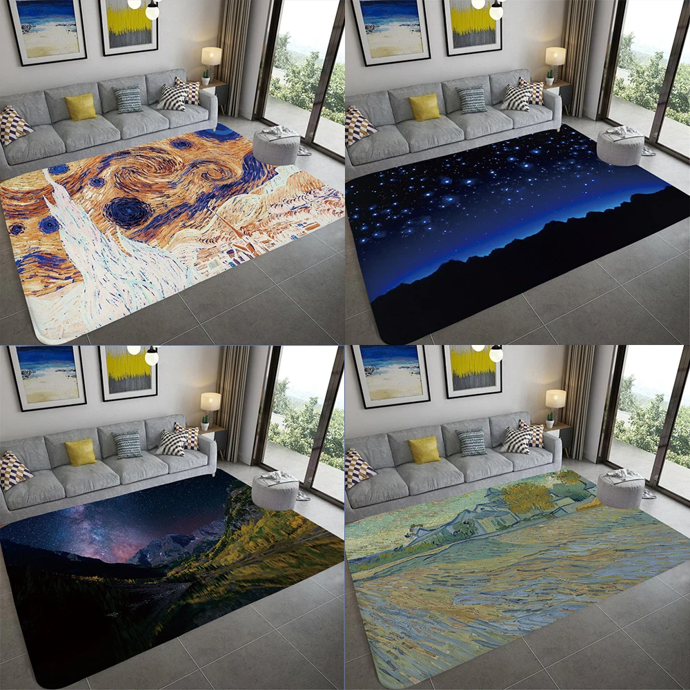 Starry Night View Landscape Carpet Van Gogh Art Abstract Illustration Tappeti Modern Living Room Sofa Camera Da Letto Mat Tappetino D'Ingresso