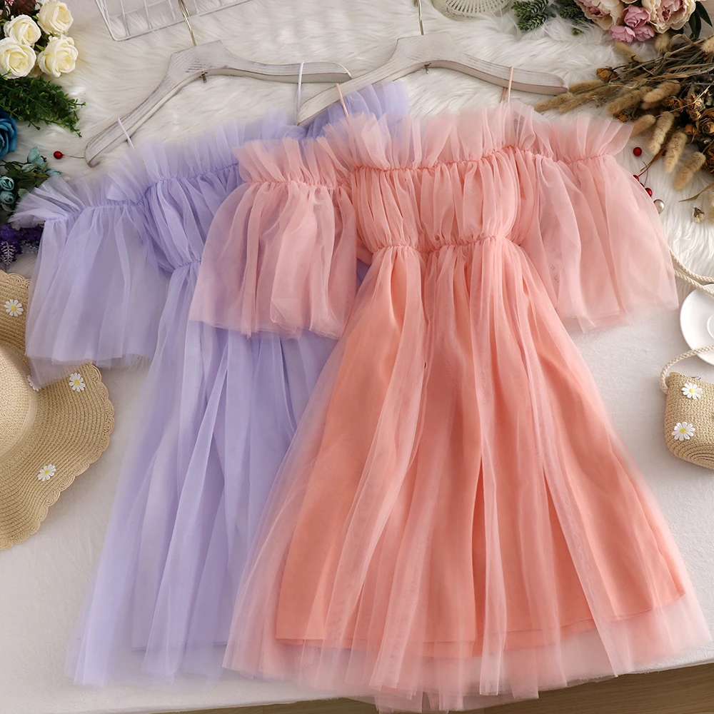 Sweet Fairy Off Shoulders Gauze Spliced Ruffles Dress Strapless Mesh Gauze Spliced Pleated Vintage Dress A-Line Vestidos 2022