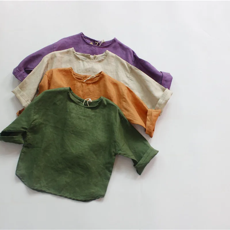 deer jonmi Summer Children Solid Color Retro Loose Shirts Korean Style Unisex Cotton Linen Tops