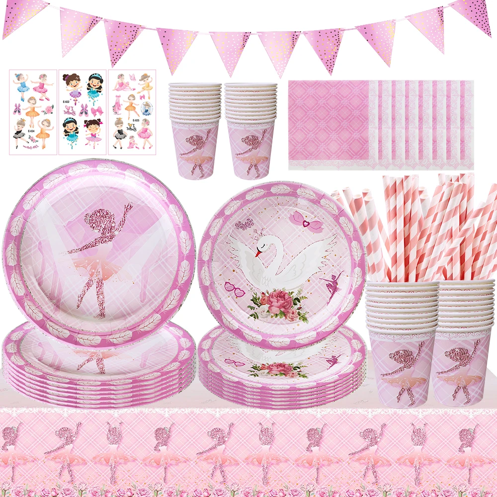 Rosa Ballett Mädchen Geburtstag Einweggeschirr Schwan Ballerina Pappteller Tasse Serviette Mädchen Geburtstag Party Dekoration Babyparty