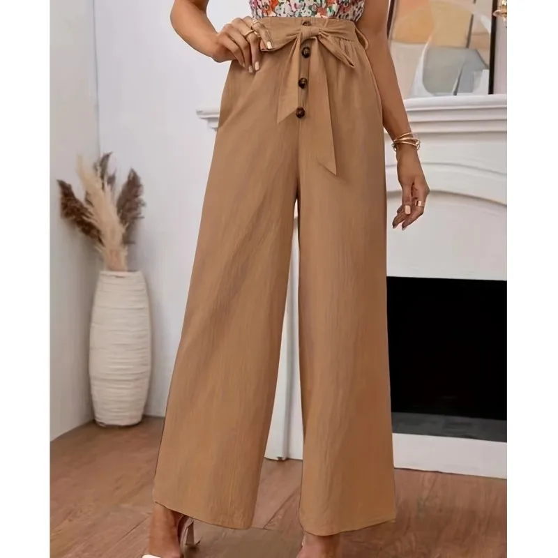 

Fashion Solid Cotton Linen Trousers Women's Summer Autumn New Casual High Waist Wide Leg Pants Street Strap Loose Trousers 2023