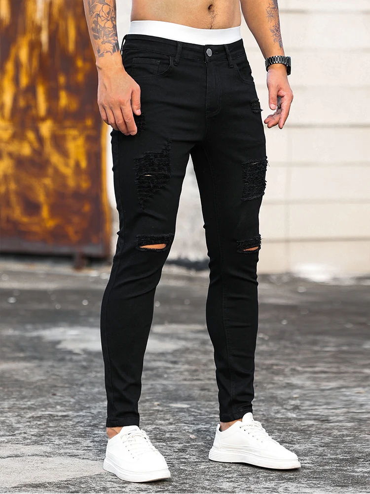 Men's Casual Ripped Jeans Straight Slim Fit Denim Pants Super Stretch  Trousers