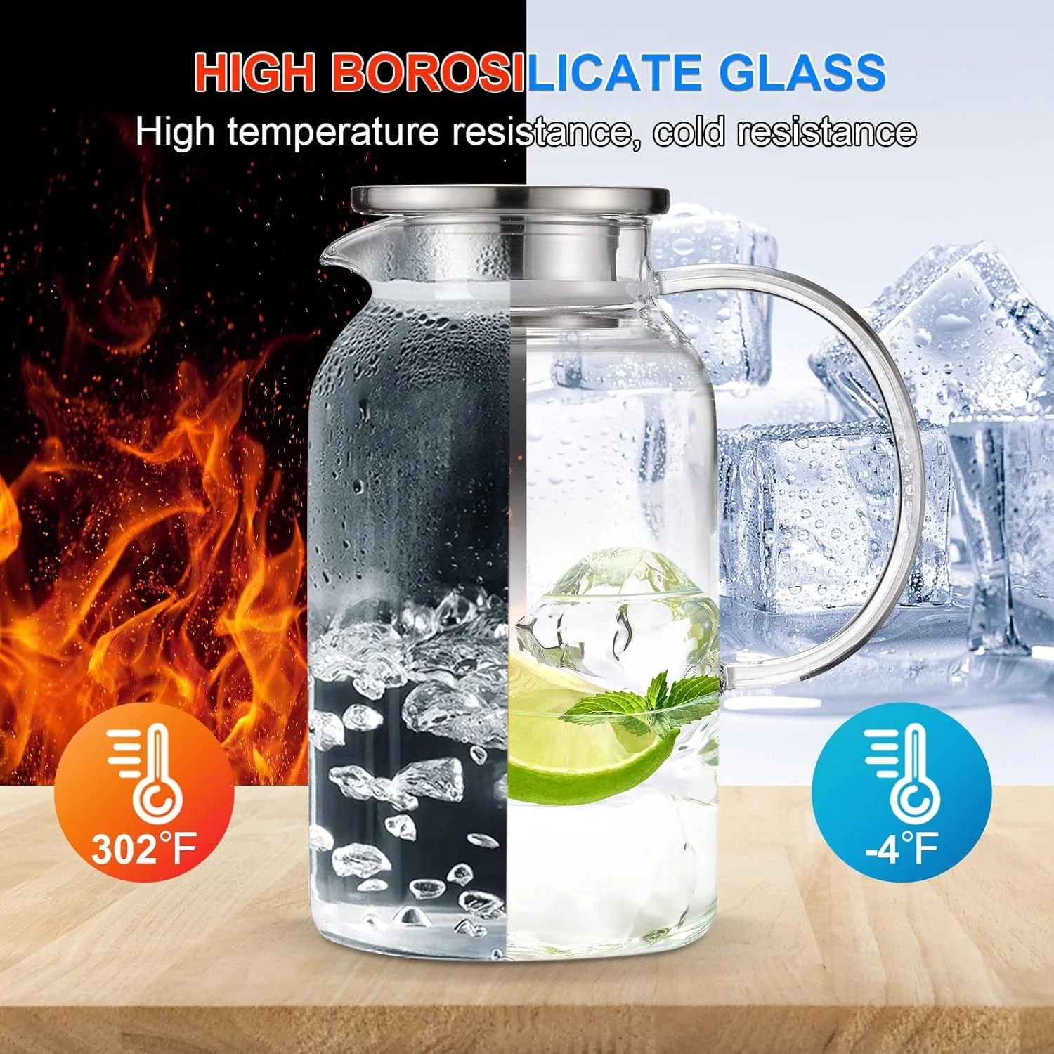 Glass Pitcher with Lid, Hot& Cold Glass Water Pitcher with Handle, Iced Tea Carafe for Coffee, Juice, Lemonade and Milk