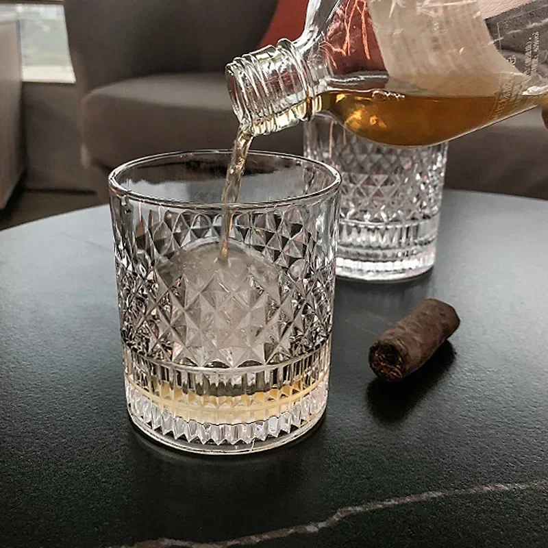 335ml Whiskey Glass Vertical Grain Transparent Crystal Glass Wine Cups Brandy Classical Wine Drinkware Relief Drinking Cup