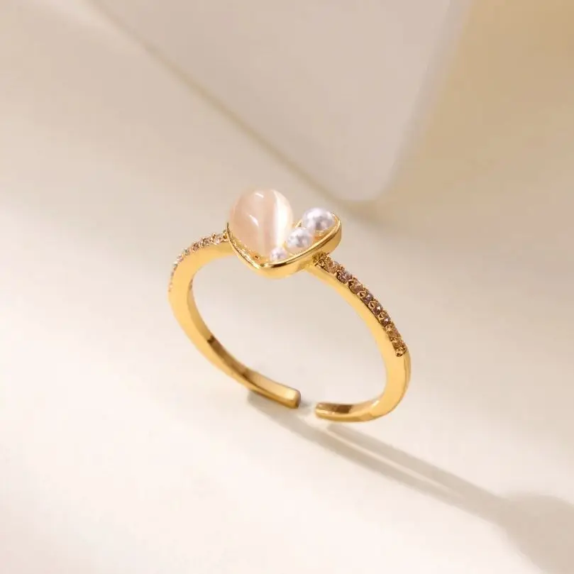 Luxury Resin Pearl Zircon Heart Ring For Women