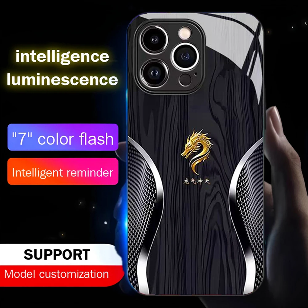 Holzmaserung Drachen Emblem Sound Control LED-Blitzhüllen Leuchtende Glasabdeckung für Huawei Pura 80 70 Ultra P70 P60 P50 P40 P30 Pro
