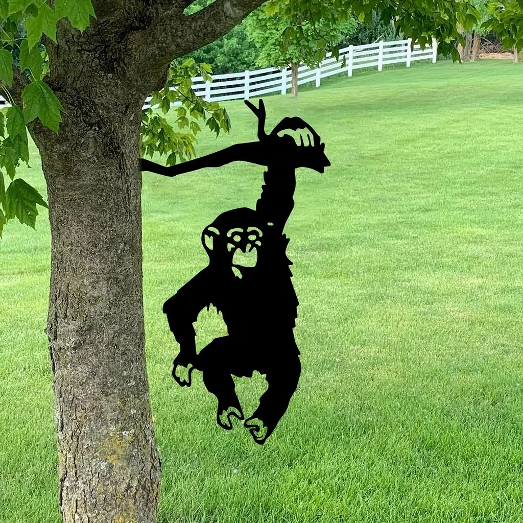 

Monkey Hanging On The Branch Garden Stake, Silhouette Metal Wall Art Home Garden Yard Patio Outdoor StatueYard Art Decor