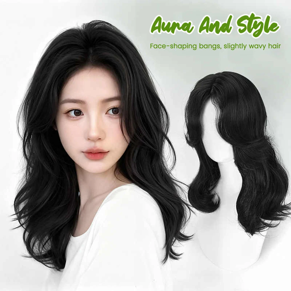 Black Synthetic Wig for Women with Wavy Hair and French Bangs