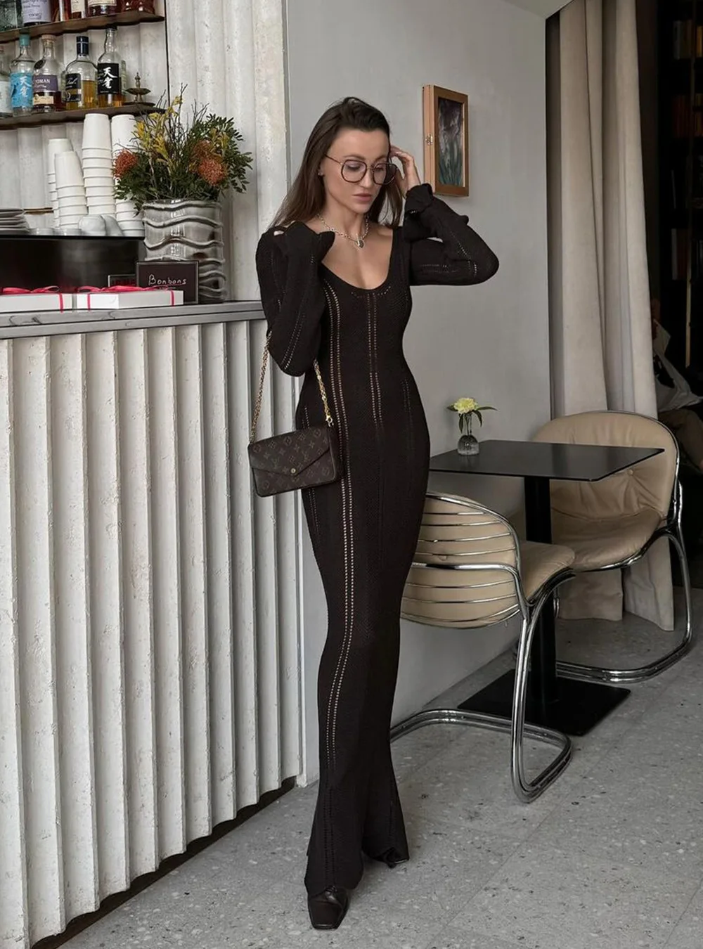 Hollow Out Knitwear Backless Long Dress Women's Slim High Waist Skinny Autumn Elegant Party Dress Female Knit Dress