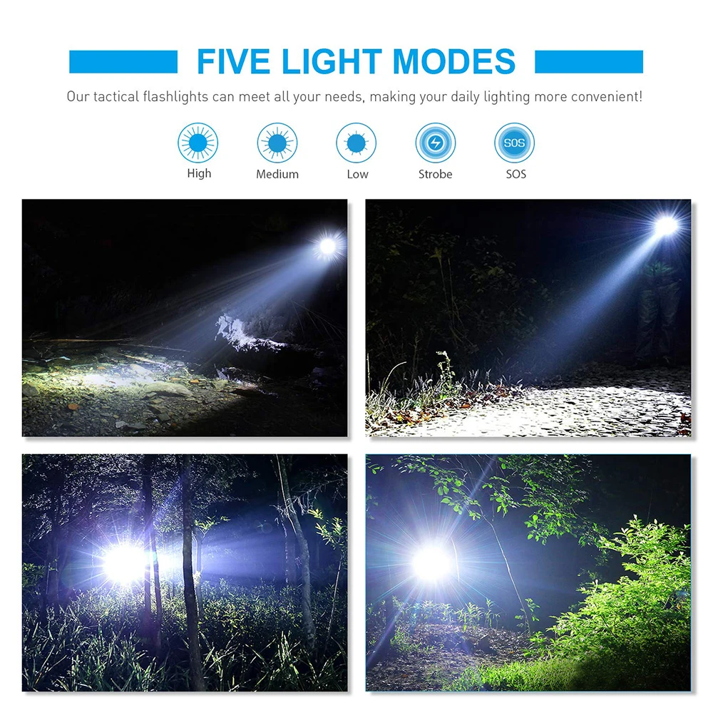 High Power Led Flashlights Camping Torch 5 Lighting Modes Aluminum Alloy Zoomable Light Waterproof Use 3 AAA Batteries