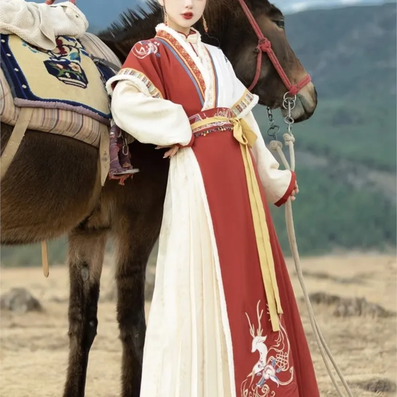 

Original Improved Hanfu Dress Women's Chinese Style Han Element Ethnic Minority Style Velvet Tang Jacket Tibetan style Costume