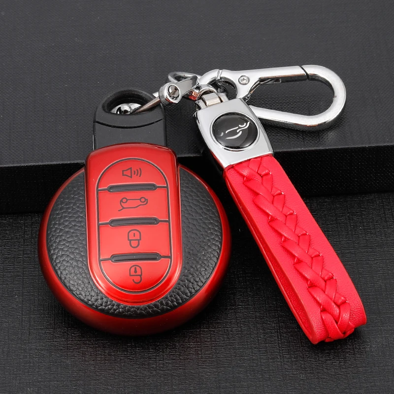 Koaudb Car Key Cover voor BMW Mini Cooper F54 Clubman F55 F56 F57 F60 Countryman 3 knoppen Soft TPU Smart Key Fob Cover met lederen sleutelhanger