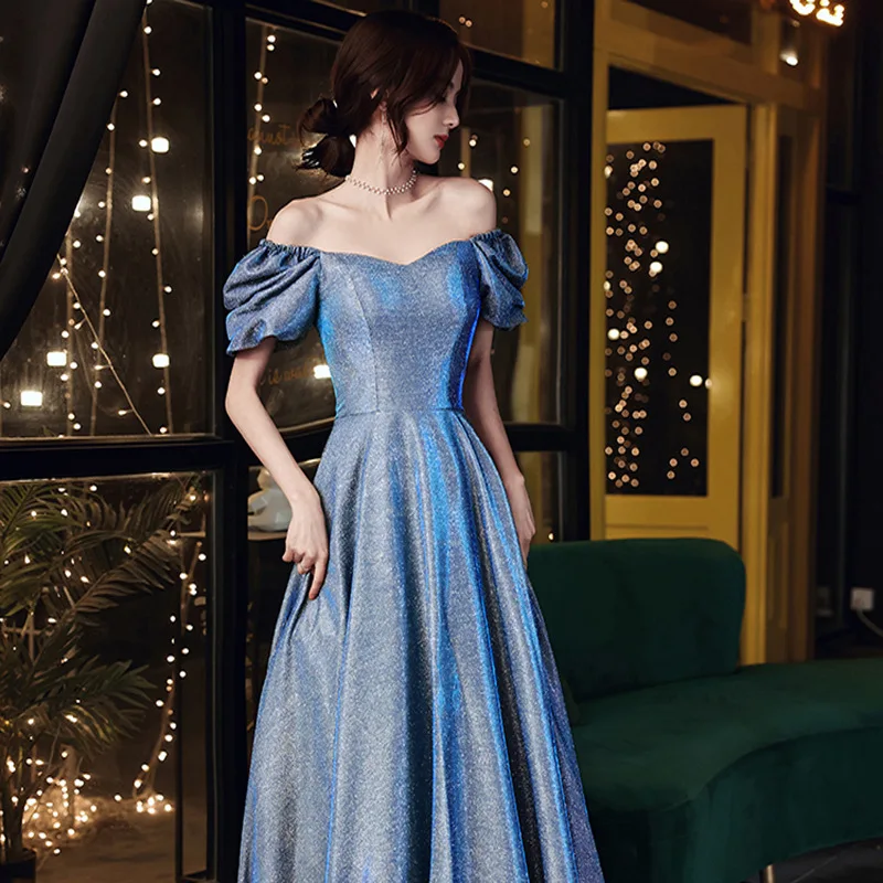 

Blue Sparkly Cocktail Dress French Sexy Style Puff Short Sleeve Square Collar Sequins Backless Zippers A-Line Females Party Gown