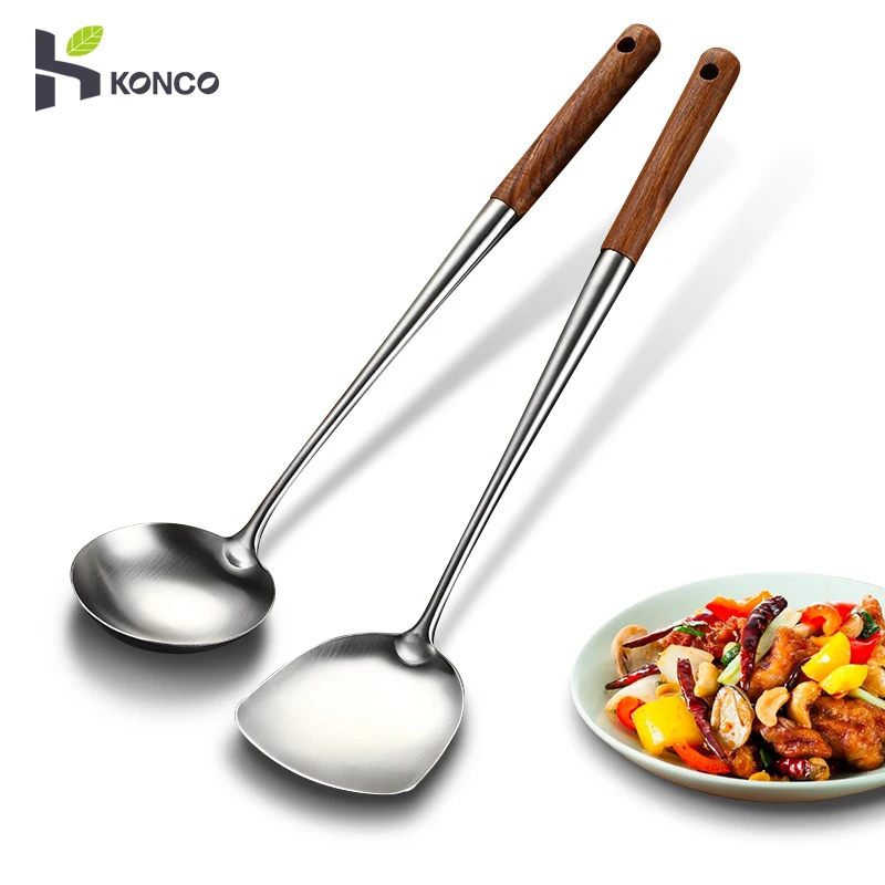 Kitchen Utensils Konco 304 Stainless Steel Spatula Spoon Wok Spatula Wooden Handle Shovel Scoop Kitchen Cooking Tool
