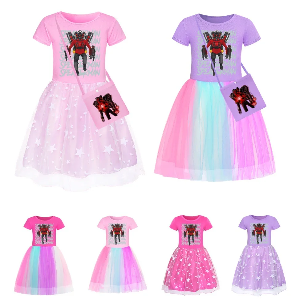 

Kids Clothes Summer Dress Girl Cotton Toilet Man Squad Game Print Dress Baby Girls Birthday Party Teenage Princess Costume+Bag