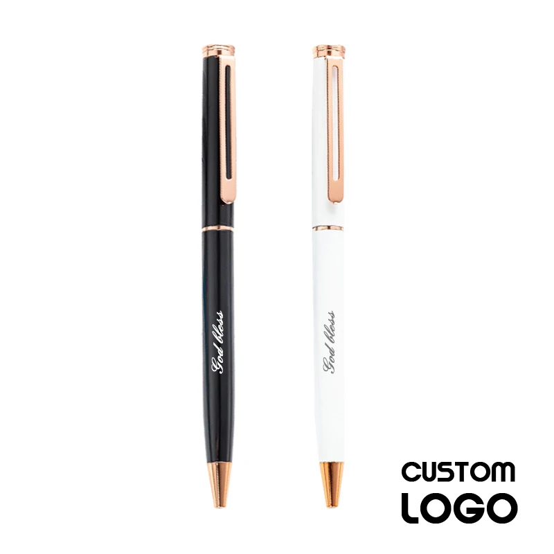 

2Pcs Custom Logo Black White Rose Gold Metal Ballpoing Pen Personalized Name Small Business Advertising Gifts Office Stationery