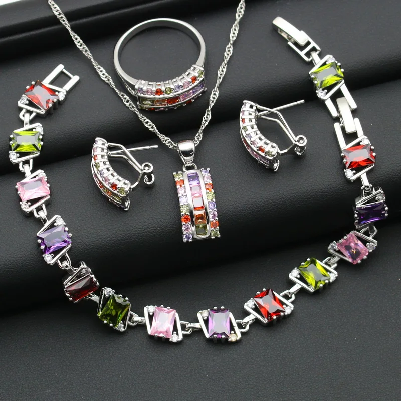 Square Multicolor Cubic Zirconia Silver Color Jewelry Sets For Women Earring Pendant Necklace Ring Bracelet Free Jewelry Box