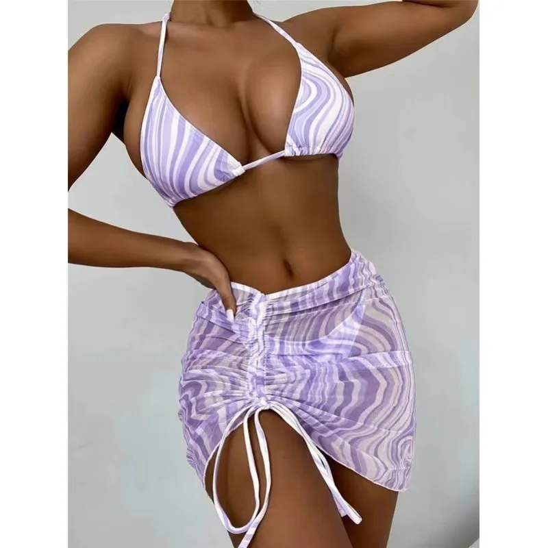 2022 Sexy 3 Three Pieces Bikini Set Women Print Bikini With Skirt Swimsuit Female Elegant Swimwear Print Biquini Bathing Suits yellow bikini set Bikini Sets