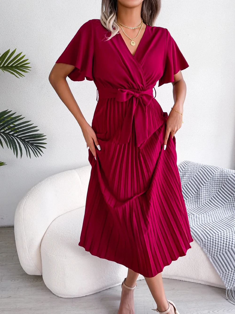 S8cb7dda6a75d4c7b82deb457bfc39ba5d Women Summer Casual V Neck Short Sleeve Pleated Chiffon Maxi Dress Black Red Green Clothing Mallzona