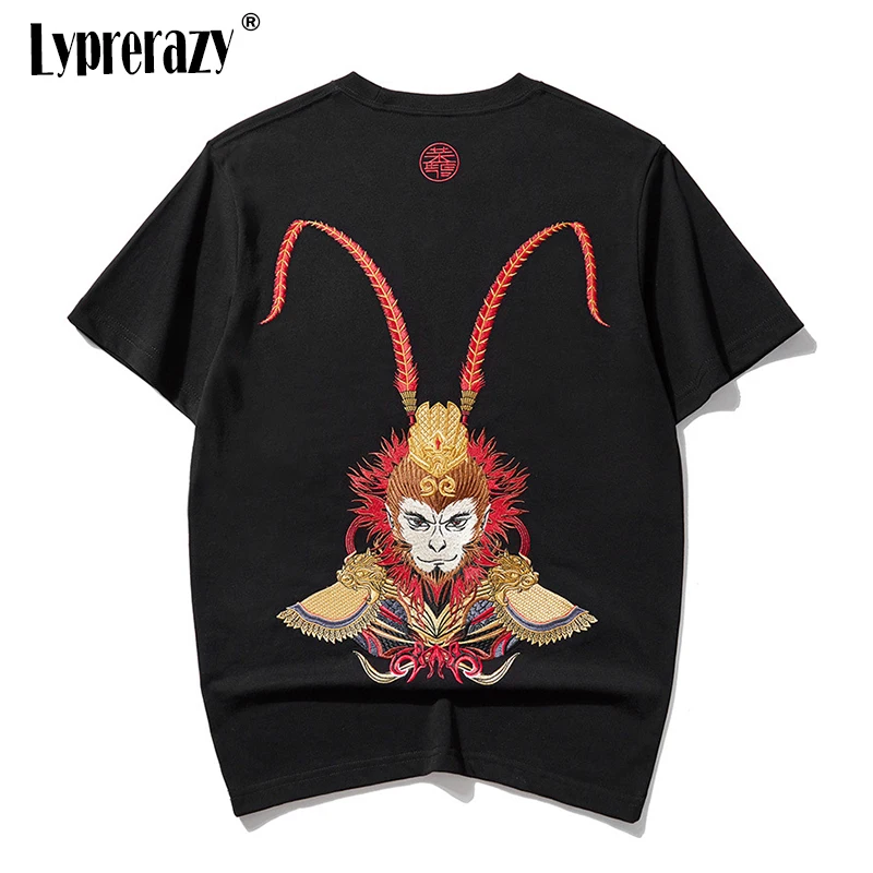 

Lyprerazy Men's Summer Chinese Style Monkey King Sun Wukong Embroidered Short-sleeved Shirt National Tide Cotton T-shirt