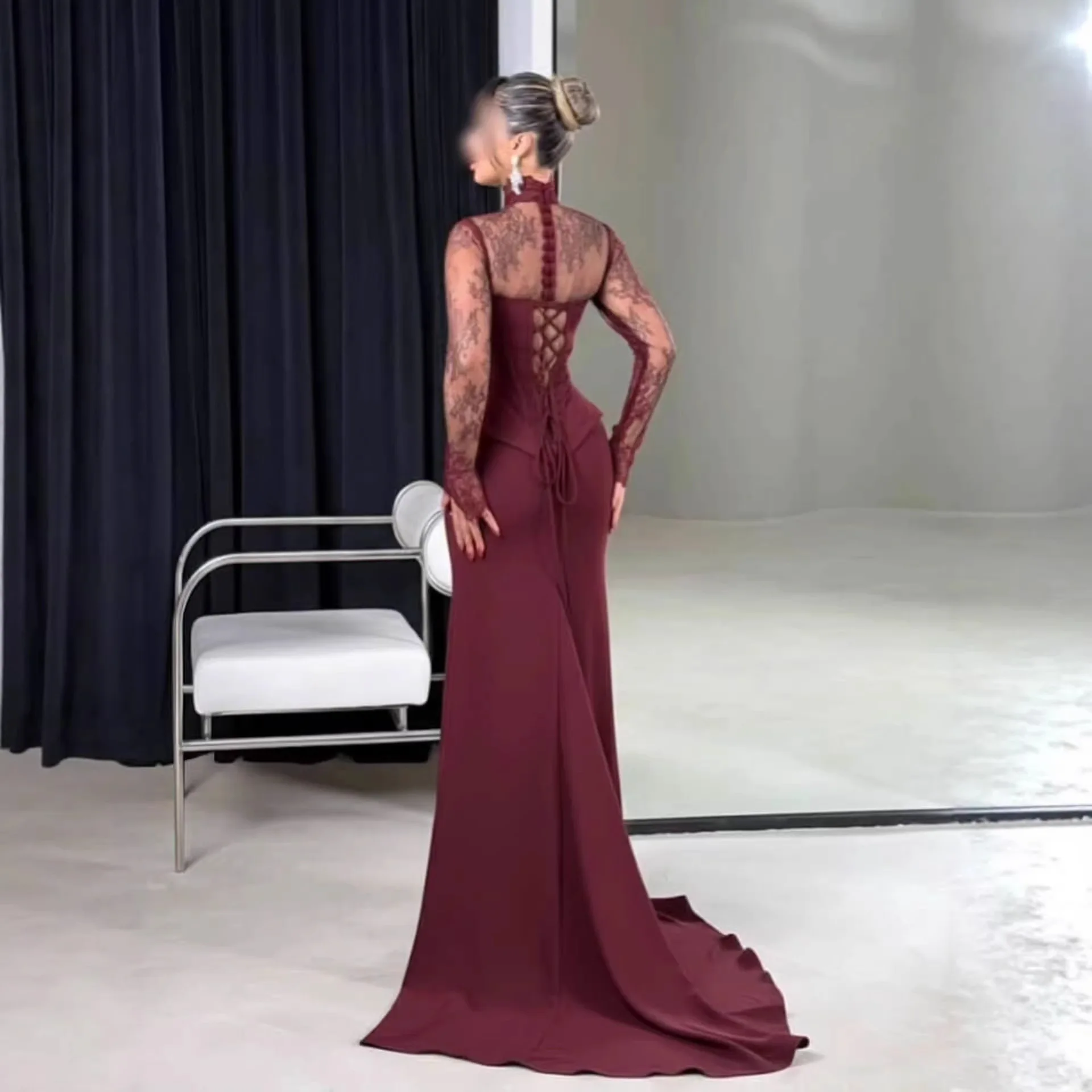 2026 New Lace Splicing Long Sleeve Slim Fit Gown Elegant Draped Tail Skirt Polyester Fabric Floral Pattern round Neck High Waist 4