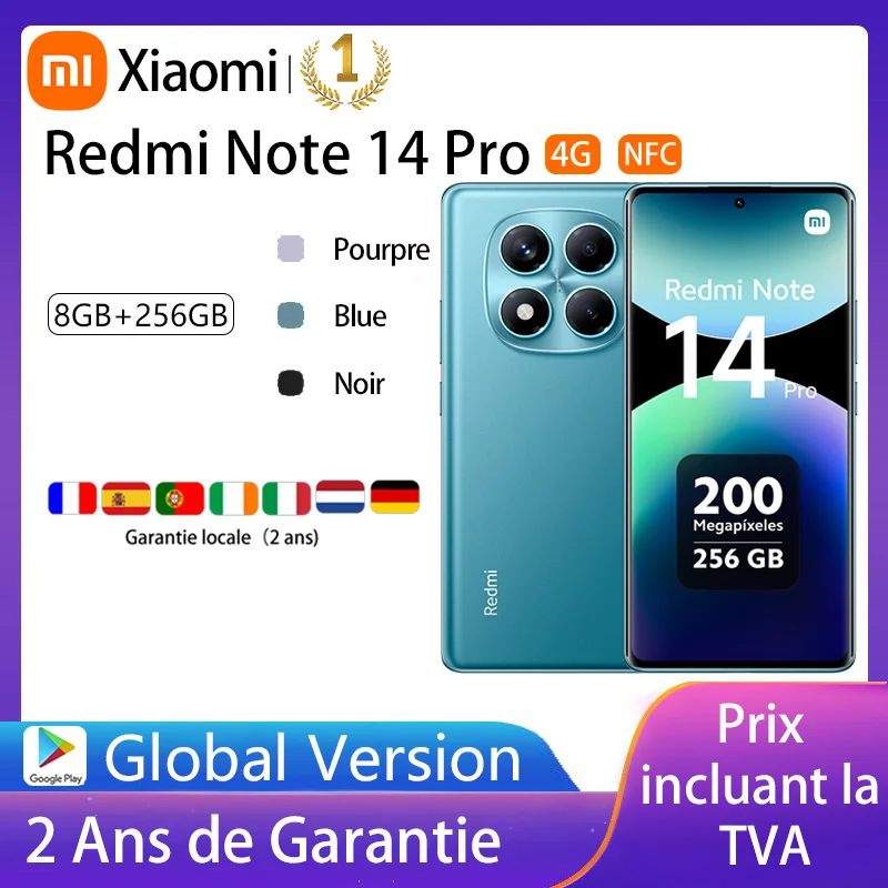 Xiaomi Redmi Note 14 Pro 4G, NFC, smartphone, MediaTek Helio G100-Ultra, AMOLED screen of inches, 120Hz, camera of 200 MP, battery of 5500mAh，Charger Not Included