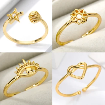 Hollow Flower Evil Eye Rings for Women Open Adjustable Gold Color Heart Starfish Shell Ring Aesthetic Wedding Fashion Jewelry
