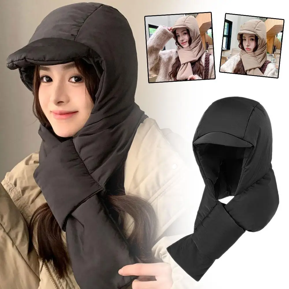 New Design Hat Scarf One Woman Winter All Cute Fluffy Warm Hooded Thickened Winter Hat Windproof Bib Anti-freeze C0f8
