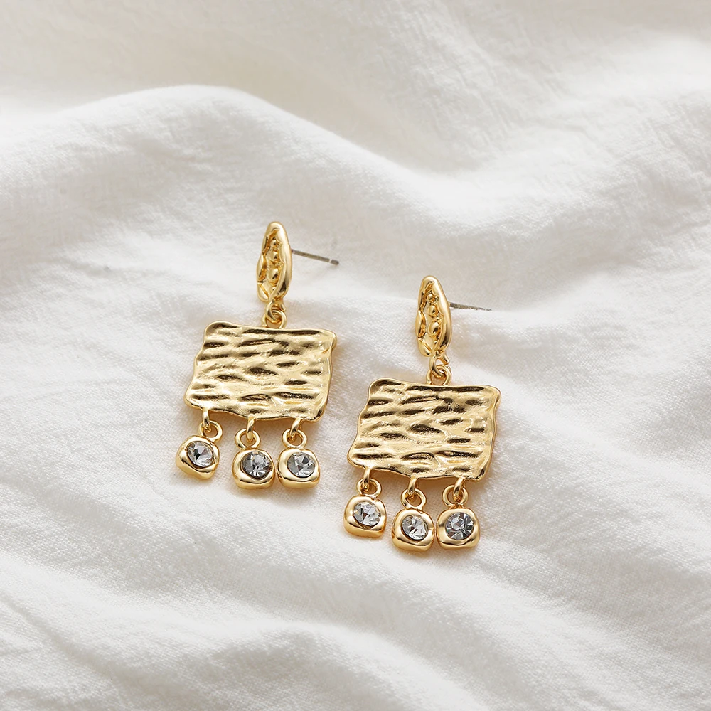 INS Hot Sale Gold Plated Metal Geometric Square Drop Earring Women Stainless Steel Irregular Rhinestone Pendant Punk Ear Jewelry