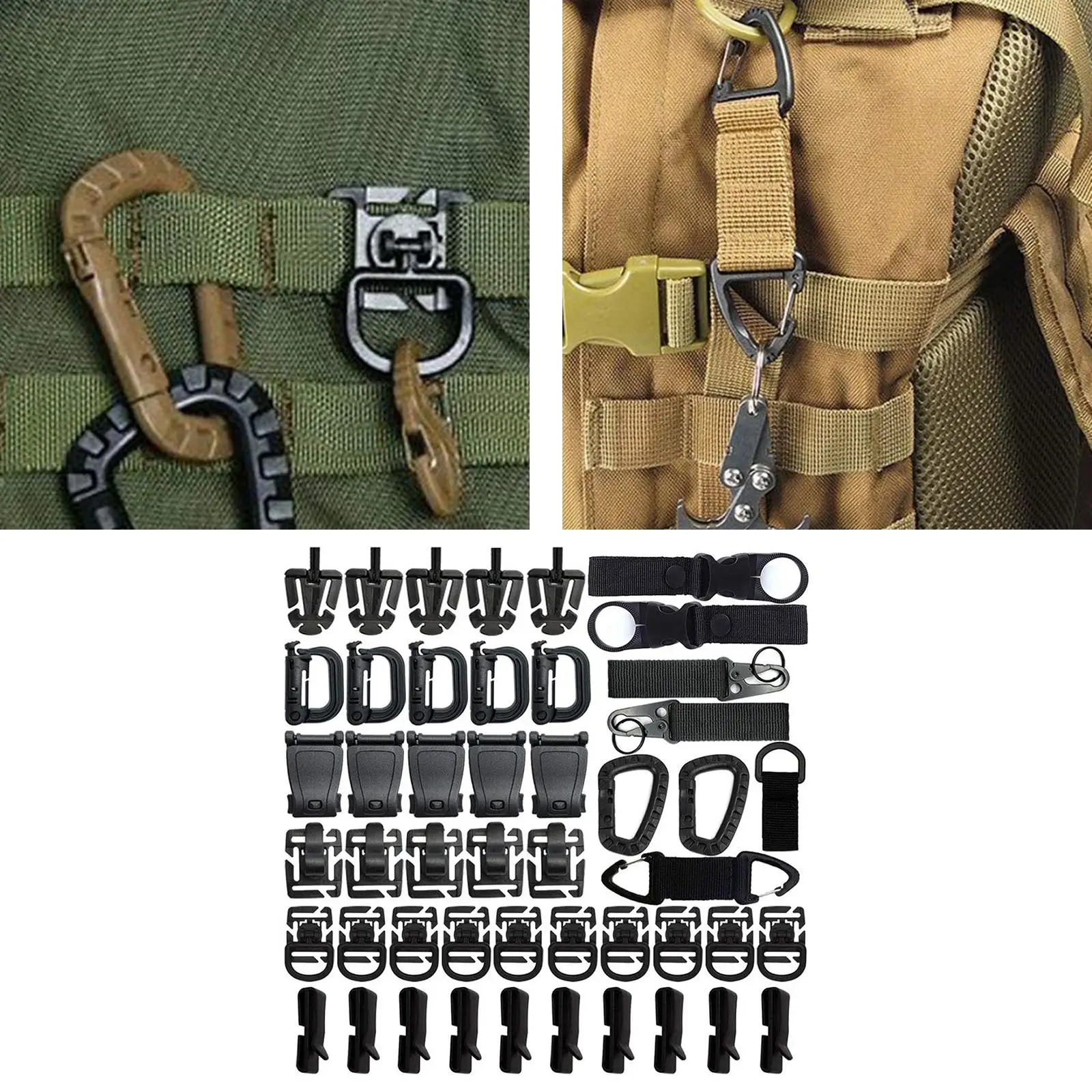 48Pcs Attachments For Molle Bag Tactical Backpack Vest Belt D-Ring Locking Gear Clip Web Elastic Strings