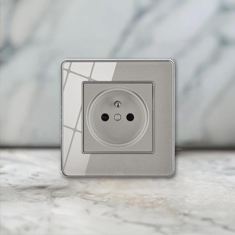 

Wall Panel Power Socket Plug Grounded 16A French Standard Electrical Outlet ，Grey Glass，86mm*86mm