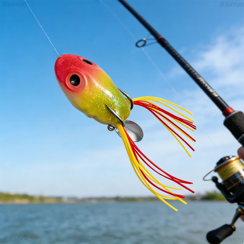 5g Topwater Frog Fishing Lure Floating Soft Toad Bait Squid Head Spinner Double Hook Snakehead Bass Weedless Tackle Frogbait Set - 5