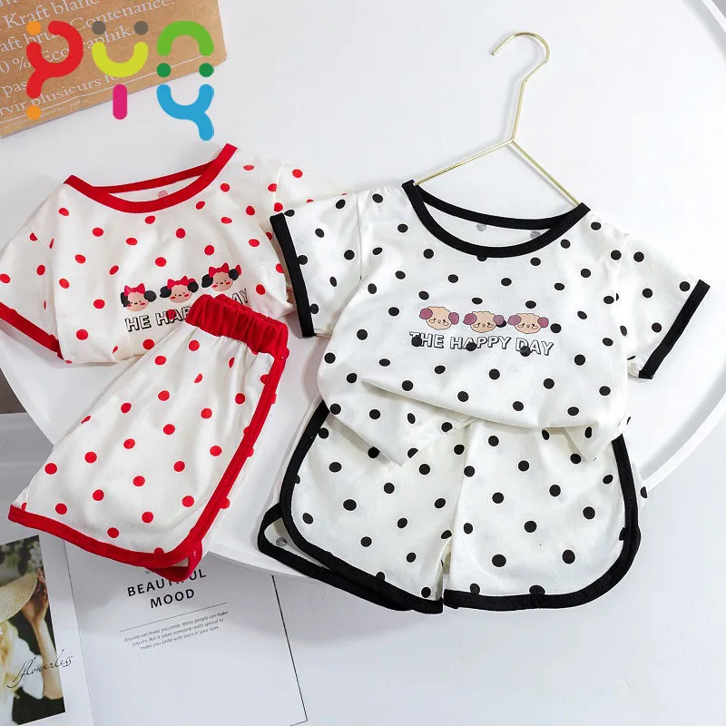 

Повседневные комплекты PYQ для девочек, новинка 2023, летняя детская одежда в горошек для девочек, футболка с мультяшным принтом + шорты, 2 шт., наряды на 1-6 лет