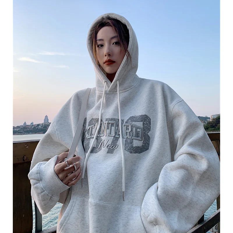 Women's Clothing Light Grey Hoodie Letter Embroidery Drawstring Sweatshirt  Korean Fashion Leisure Winter New Tops Pullover - Hoodies u0026 Sweatshirts -  AliExpress