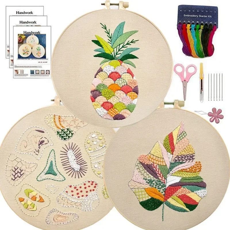 Embroidery Starter Kit for Beginners Adults 3 Sets Easy Stamped with Hoop Stitch Practice Set Gift for Hand Craft Lover