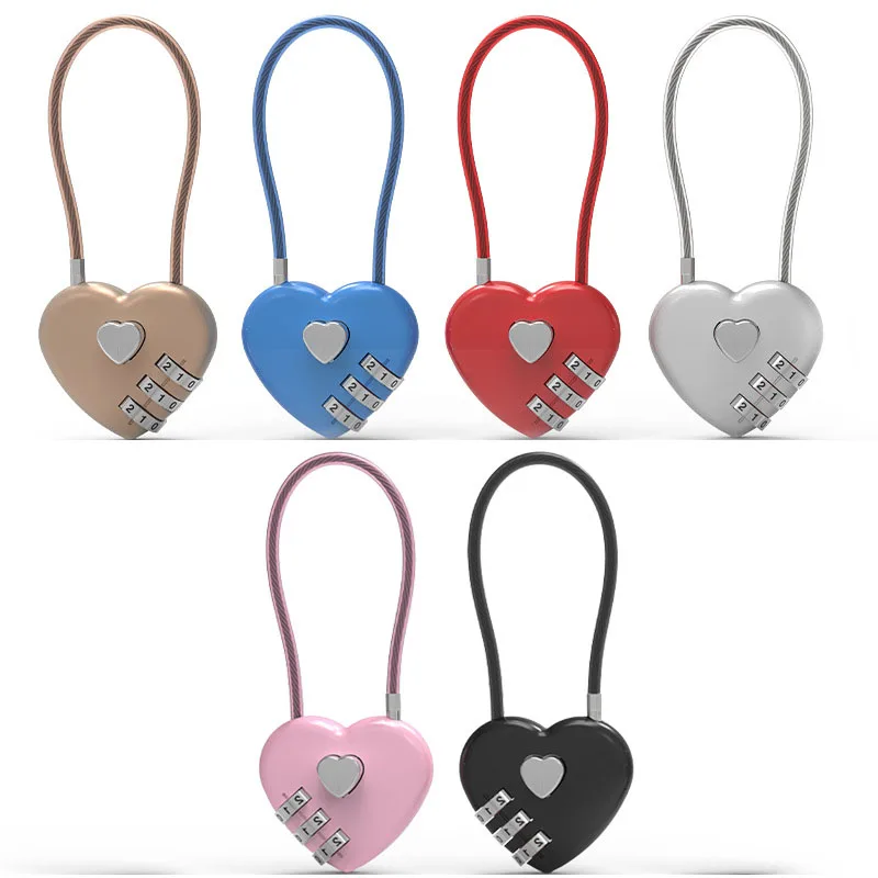 Six Colors Love Lock Box Gift Wedding Lock Heart Love Combination School Bag Backpack Pull Bar Box Concentric love heart lock combination lock