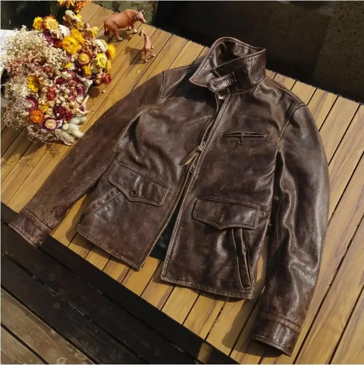 Description Picture 3 of itemFree shipping.Men Frosted tea core cowhide coat.collect Vintage brown real leather outwear.slim soft fitness jacket