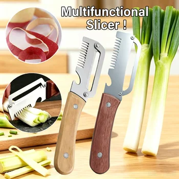 2-in-1 Stainless Steel Peeler Multi-Functional Serrated Vegetable Slicer Fruit Peeling Slicing Wooden Handle New Kitchen Knife 1