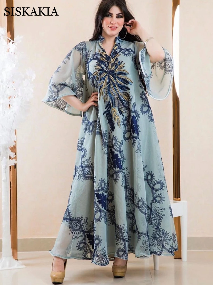 

Siskakia Mesh Sequins Embroidered Abaya Dress Party Evening Robe Moroccan Caftan Turkey Arabic Oman Muslim Women Clothes Ramadan