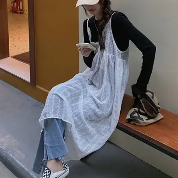 2025 Summer New White Vest Dresses Sweet Lace Mid Length Loose Vestidos Mujer Y2k Aesthetics Sleeveless Dress for Women