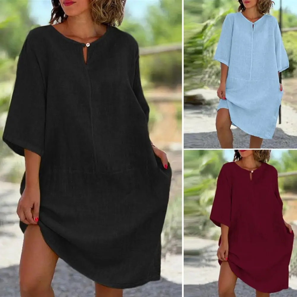 

V-neck Dress Women Dress Vintage-inspired Knee Length Women's Dress with Hollow V Neck Soft Breathable Fabric Convenient for A