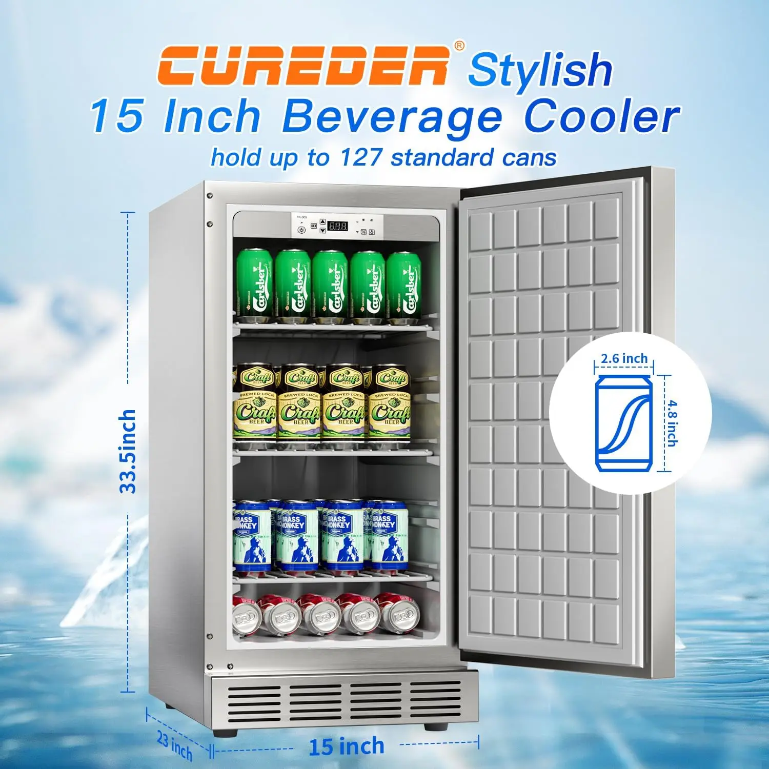 Outdoor Refrigerator, Weather Proof Stainless Steel Beverage Beer Cooler Under Counter Fridge, Indoor/Outdoor Refrigerator with 6